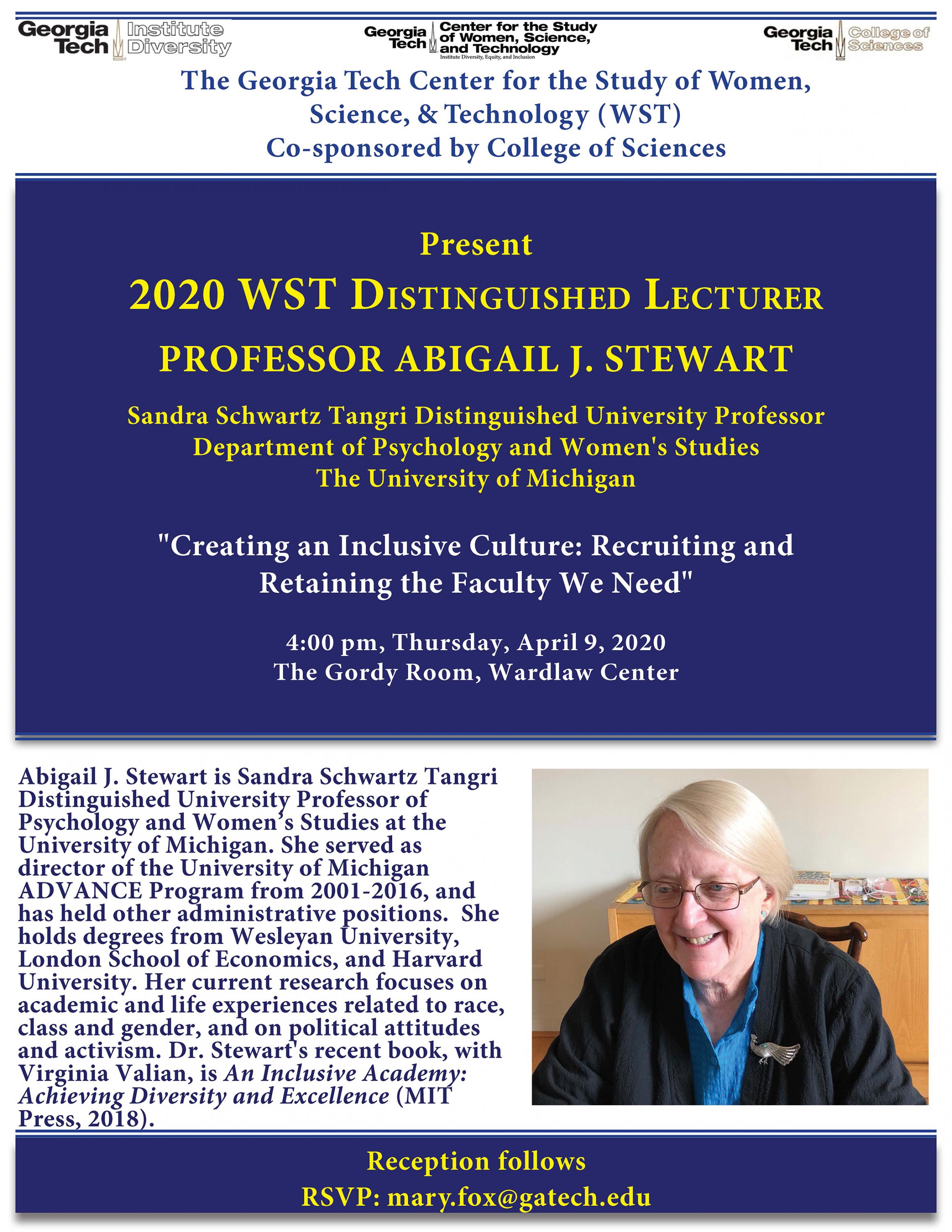 The 2020 WST Distinguished Lecture is April 9 with Abigail J. Stewart