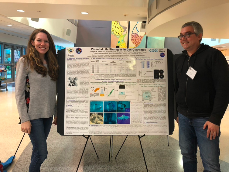 Abigail Johnson and Dustin Huard present their clathrate research at an Georgia Tech Astrobiology poster session. 