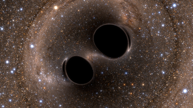 Collision and merger of two black holes, resulting in the first detection of gravitational waves, GW150914, by LIGO. (Photo LIGO/SXS.) 