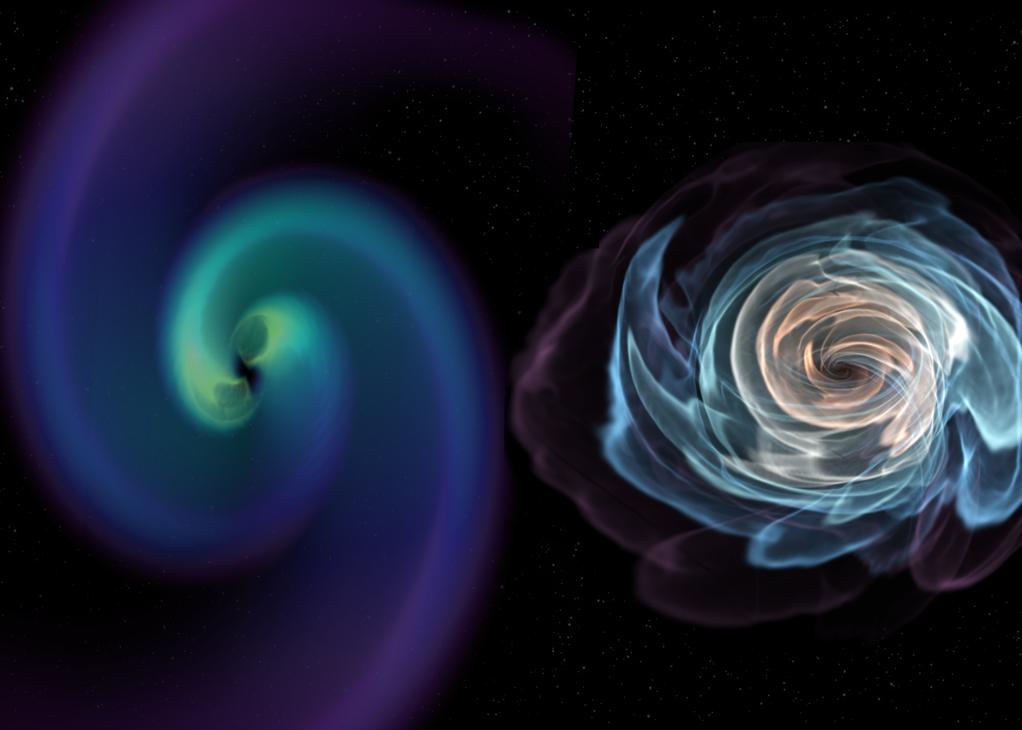 Figure 1 Simulation of the merger of two neutron stars detected by LIGO using the Einstein Toolkit. Left are the gravitational waves emitted and right the disrupted material. Credit: Karan Jani, Georgia Tech