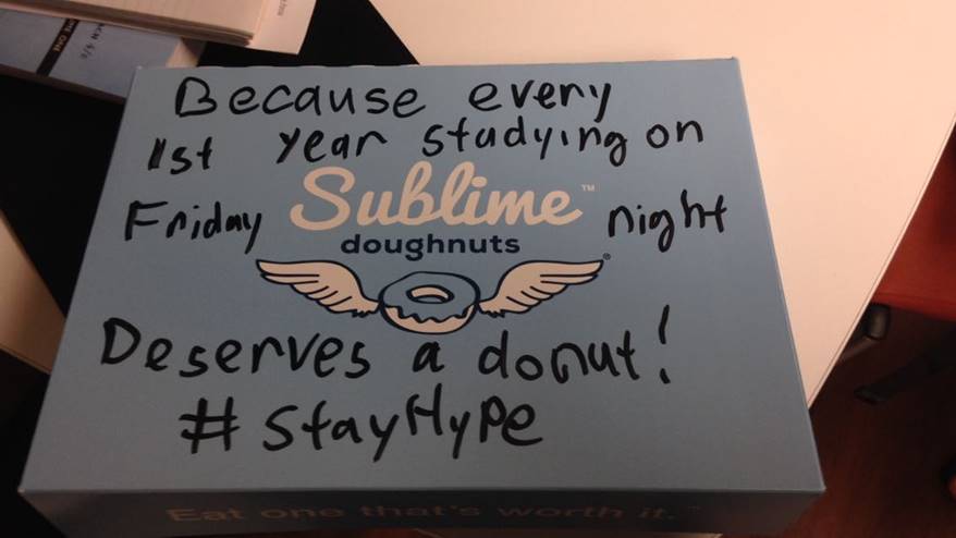 While studying for a Classical Physics I course, a friendly observer motivated Bove and her classmates by dropping off a box of Sublime Doughnuts.