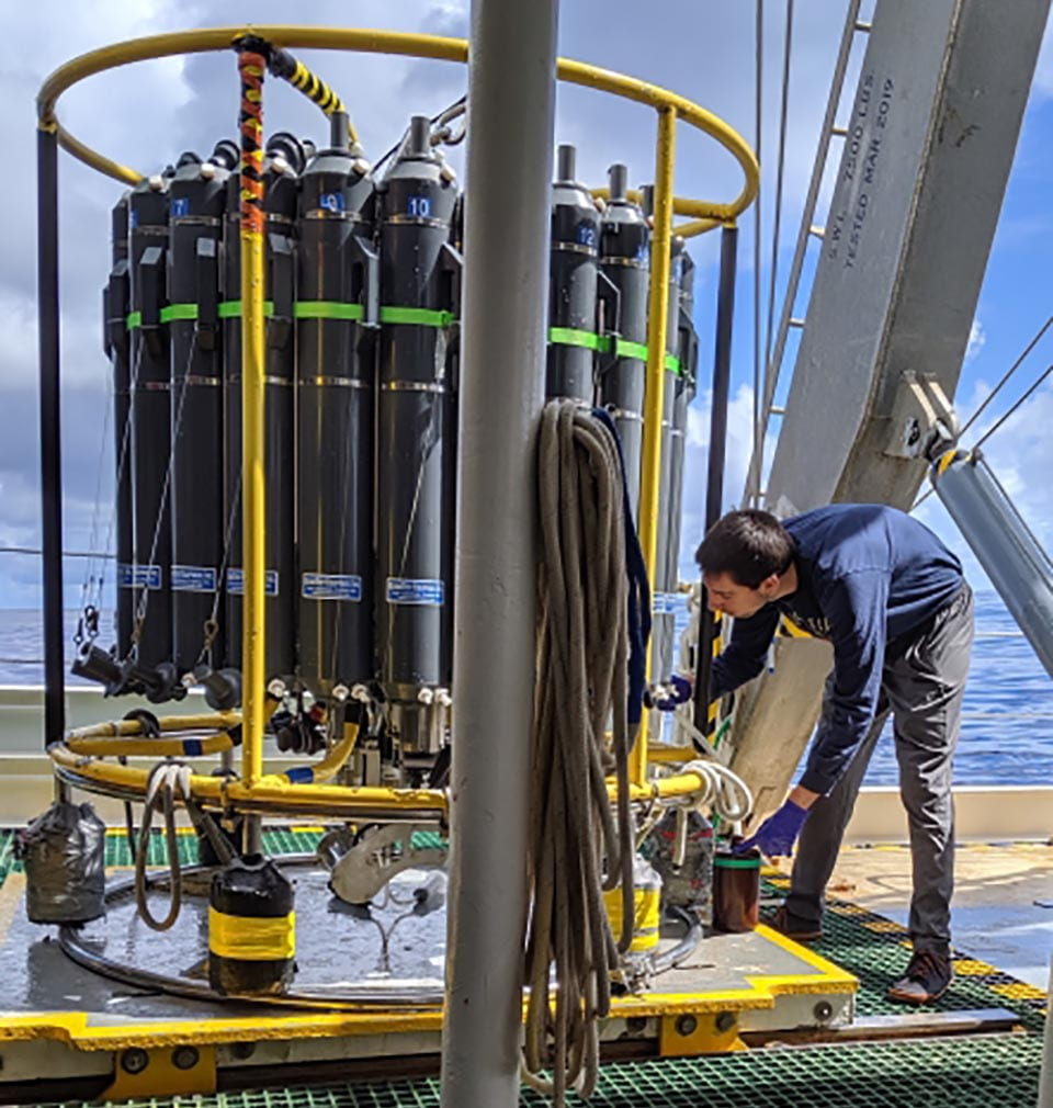 Daniel Muratore, a doctoral candidate in Georgia Tech’s Quantitative Biosciences Program and one of three co-first authors of the study, on a ship doing field work for another study on marine microbes.