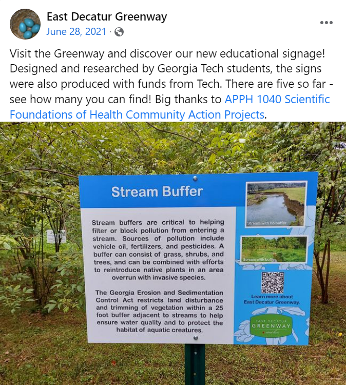 An East Decatur Greenway Facebook post showing educational signage designed by students in Teresa Snow's AAPH 1040: Scientific Foundations of Health class. (Photo by East Decatur Greenway). 