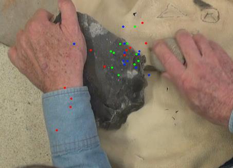 An example of gaze tracking. Subjects are watching stone toolmaking; the red, blue, green dots are where visual focus is during this segment of action. (Photo Lewis Wheaton)