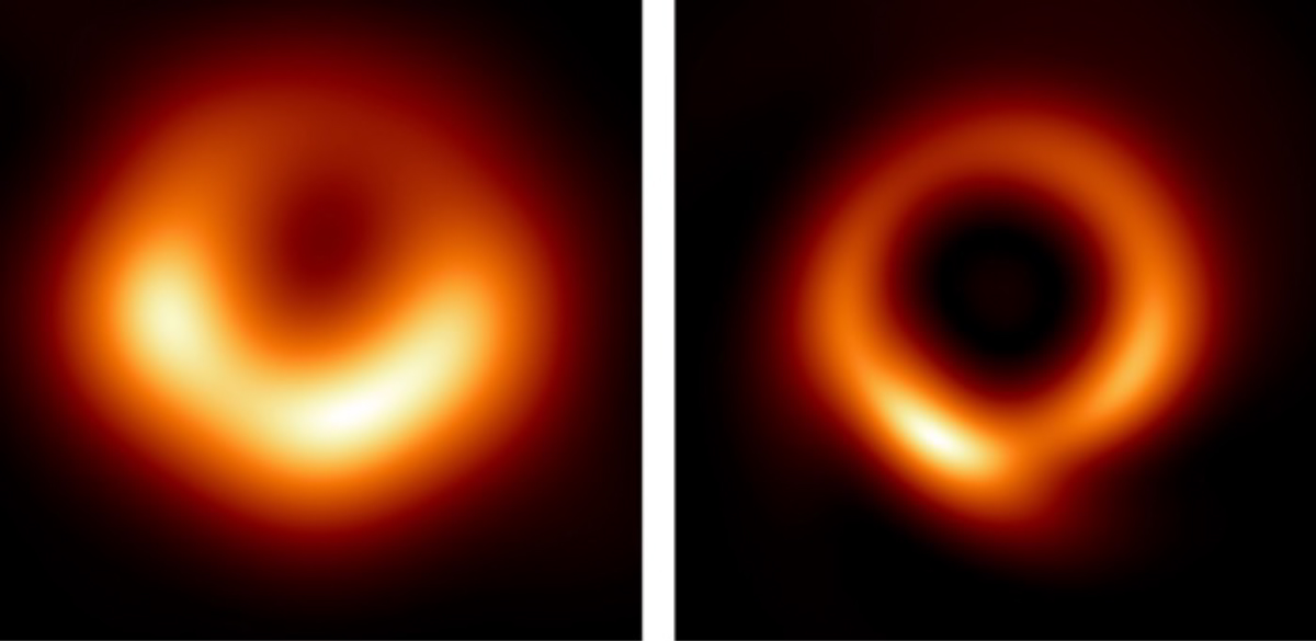 At left, EHT 2019, the original image of the black hole published in 2019 — and at right, PRIMO: the improved version that uses the researchers’ machine learning algorithm. (Image: Event Horizon Telescope)