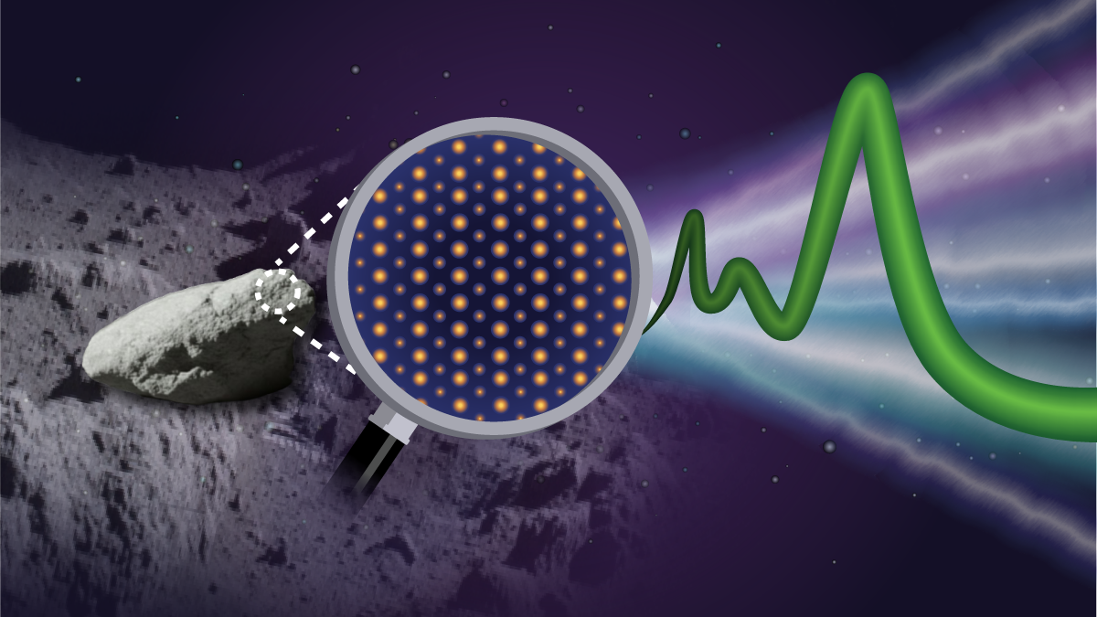 An illustration of the Apollo rock 75035 on the Moon, an atomic image of the sample, and its spectral signature. (Credit: August Davis)