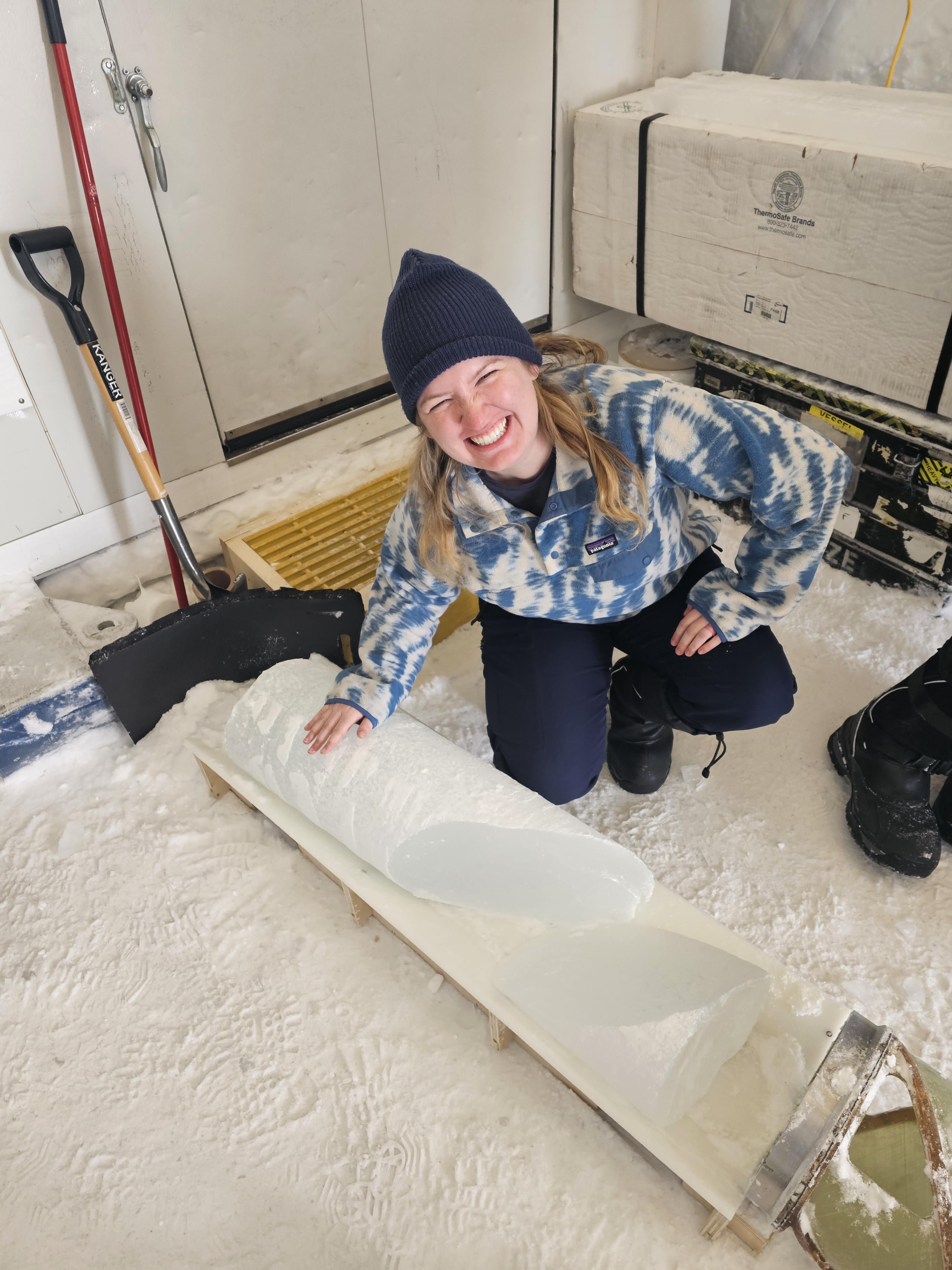 Moore pictured on her birthday, holding the final ice core.