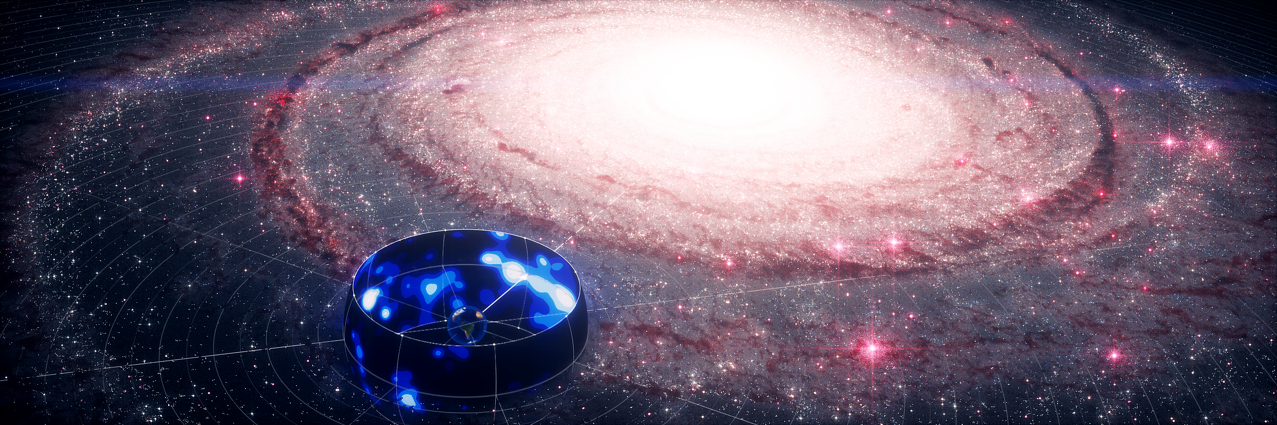 The Galaxy in neutrinos (blue sky map) in front of an artist's impression of the Milky Way. (IceCube Collaboration/Science Communication Lab for CRC 1491)