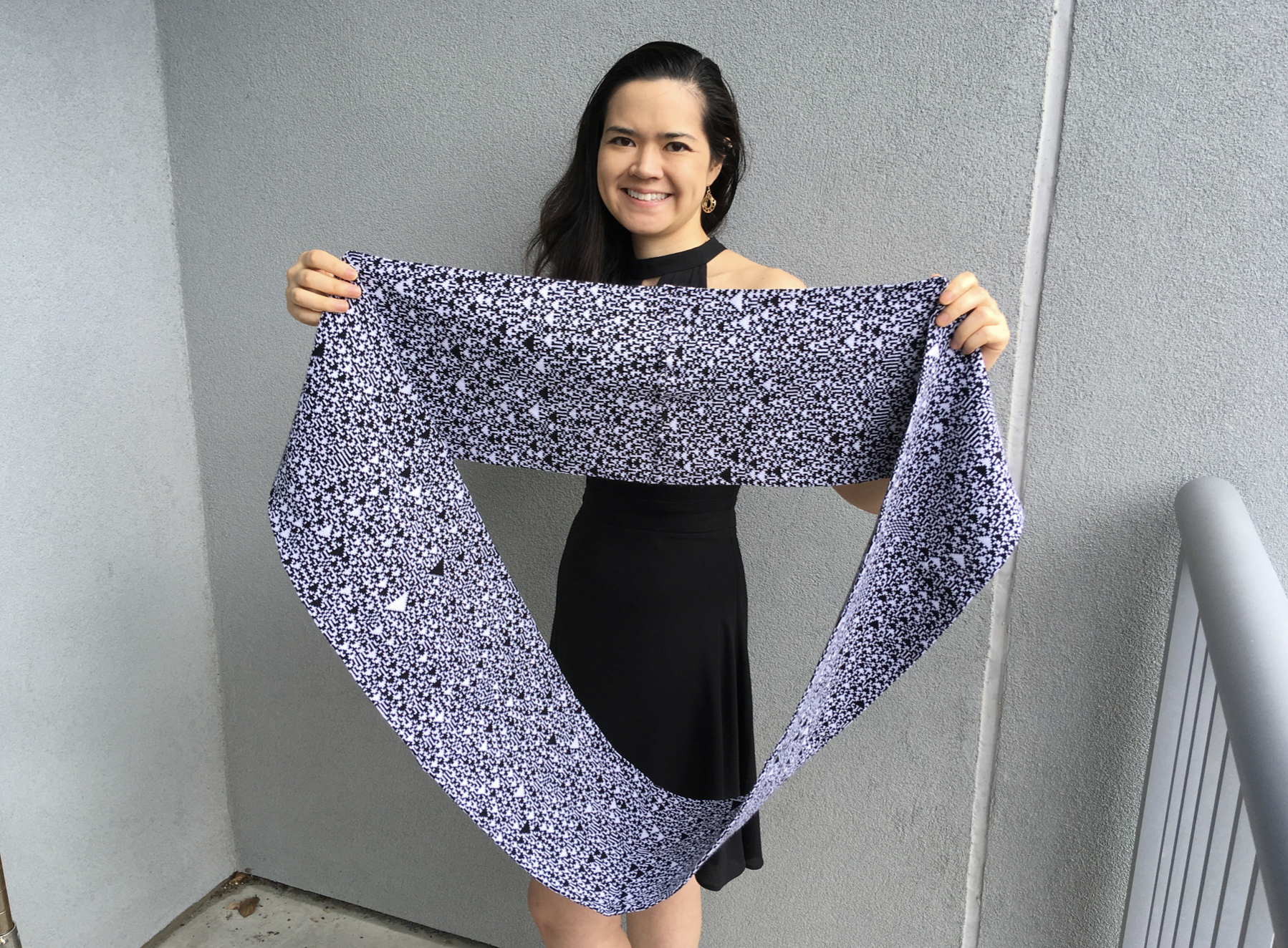 Elisabetta Matsumoto with a scarf that represents cellular automata, a mathematical construct depicting a system's evolution over time. (Photo Elisabetta Matsumoto)