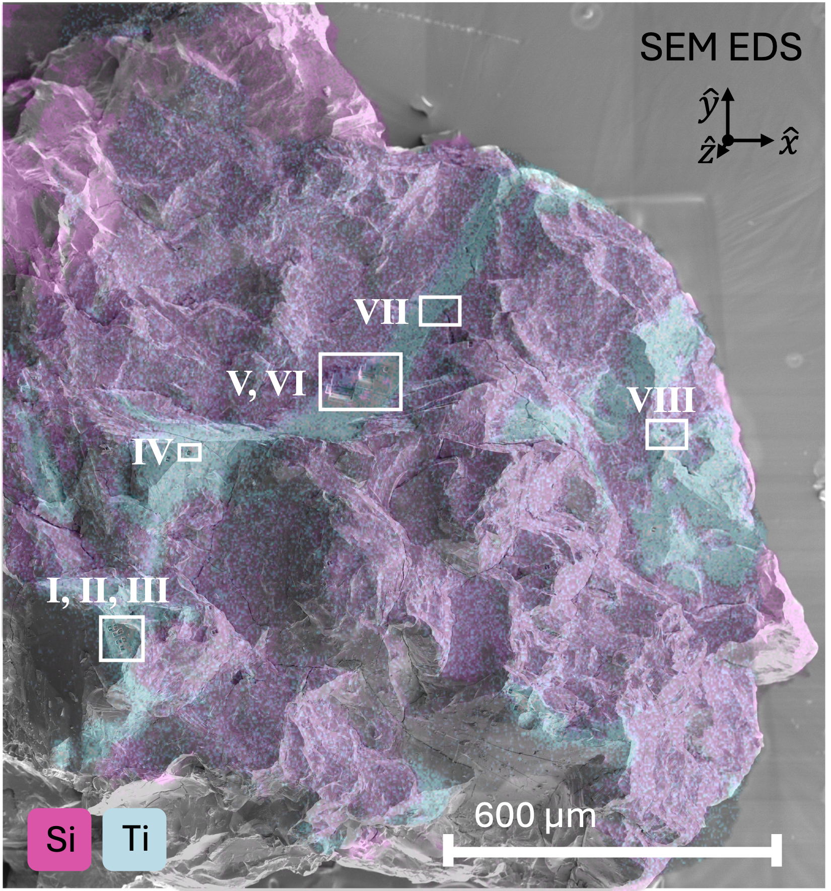 An image of the chip from the sample, imaged using scanning electron microscopy. Titanium is shown in light blue, and white boxes show areas where samples were extracted to analyze the ilmenite crystal.