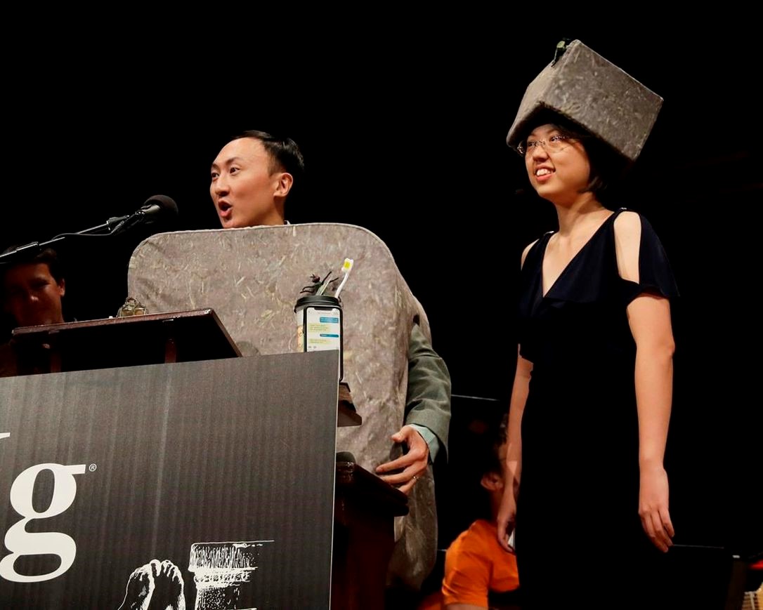 Professor David Hu and postdoctoral fellow Patricia Yang accept the Ig Nobel Prize in October. (Photo by Associated Press.)