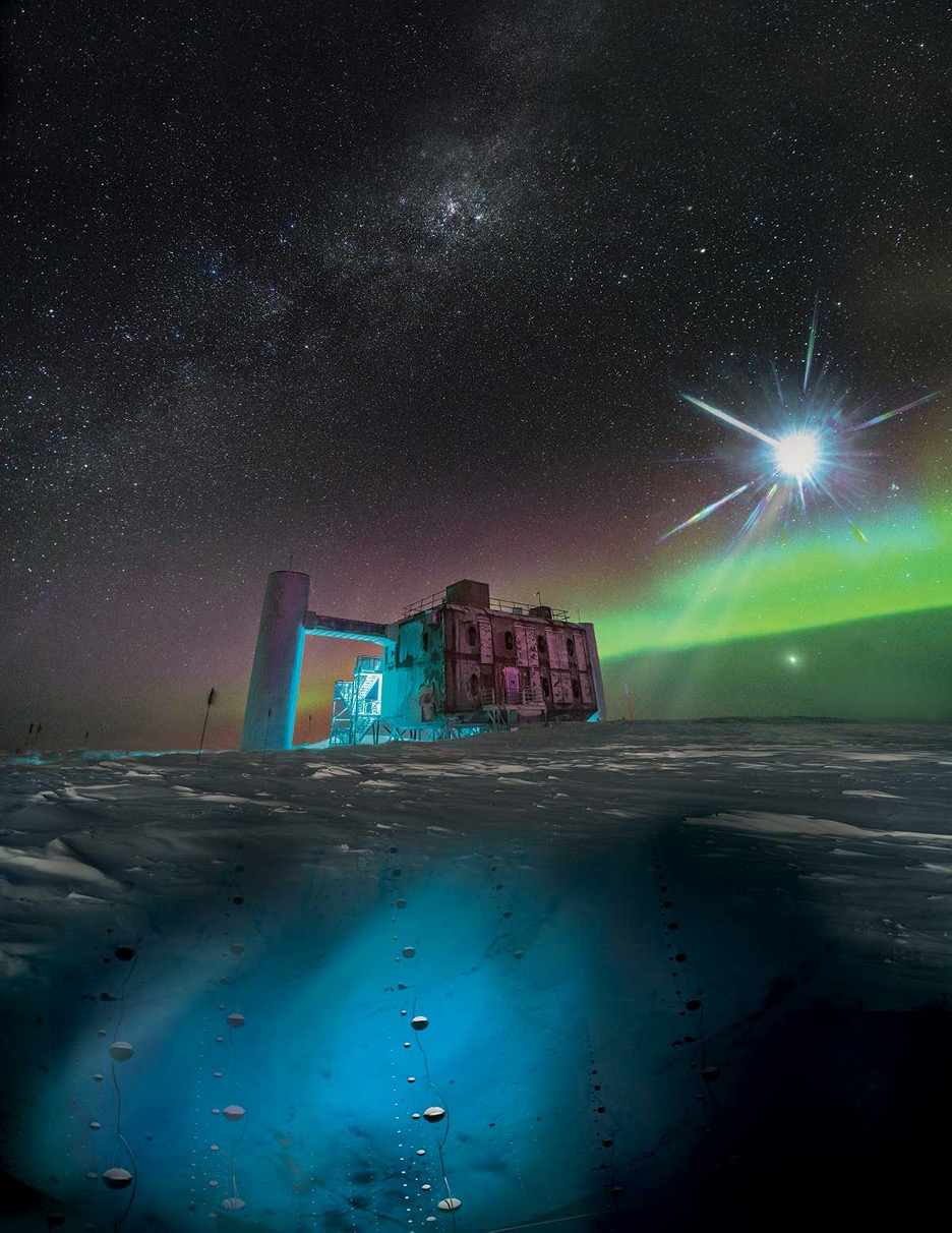 In this artistic composition, based on a real image of the IceCube Lab at the South Pole, a distant source emits neutrinos that are detected below the ice by IceCube sensors, called DOMs. (IceCube/NSF)
