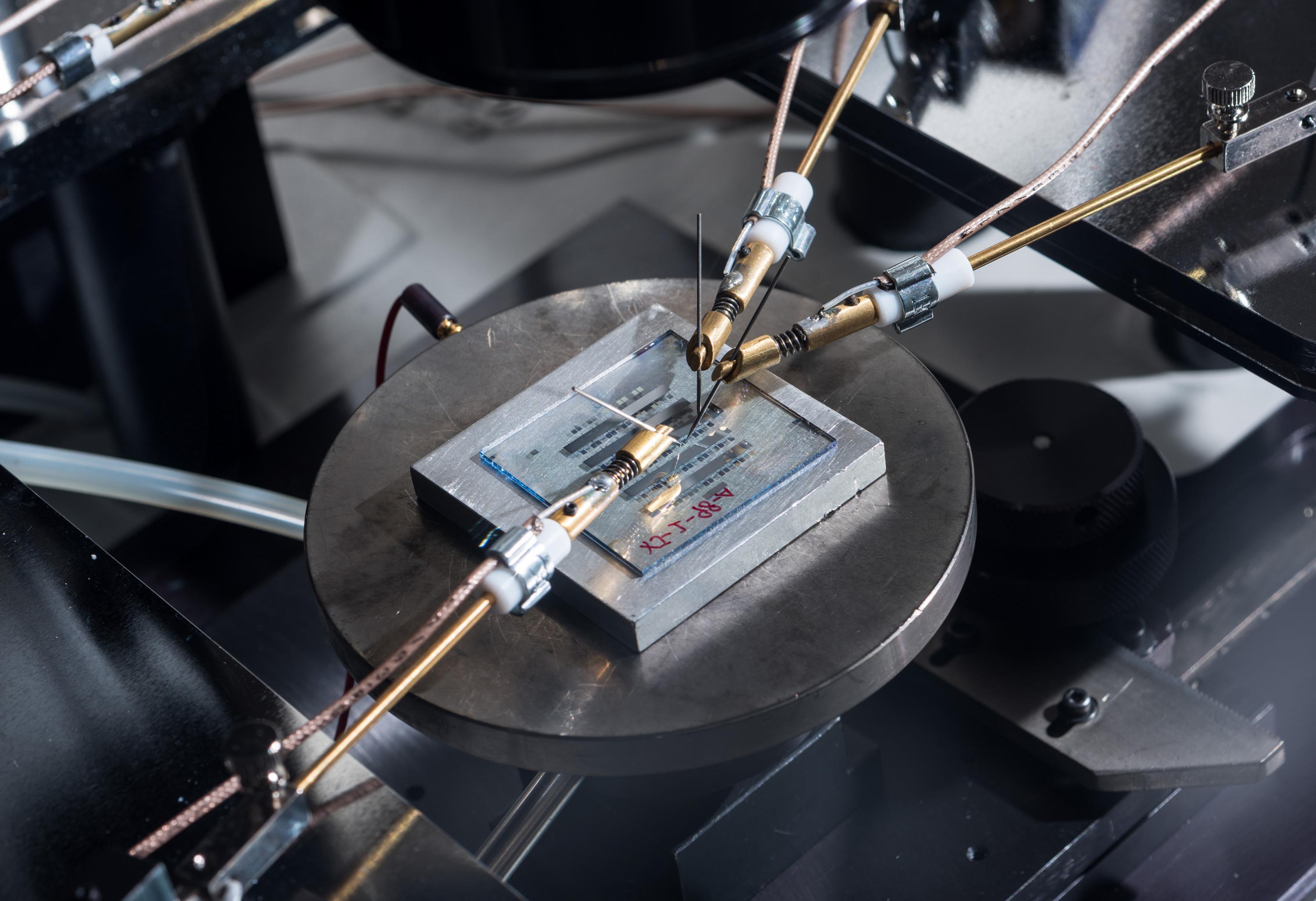 Image shows organic-thin film transistors for organic semiconductors under continuous testing on a probe station. (Photo Rob Felt Georgia Tech)