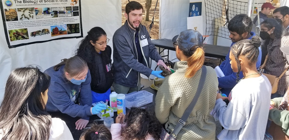 Michael Goodisman's students at last year's Atlanta Science Festival. Students can be seen pointing to insects and explaining things to an engaged group of listeners.