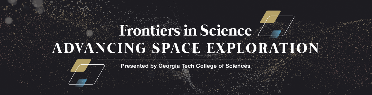 A black banner reading "Frontiers in Science: Advancing Space Exploration." The words are surrounded by dynamic gold sparkles, along with light blue, gold, and white parallelograms. 