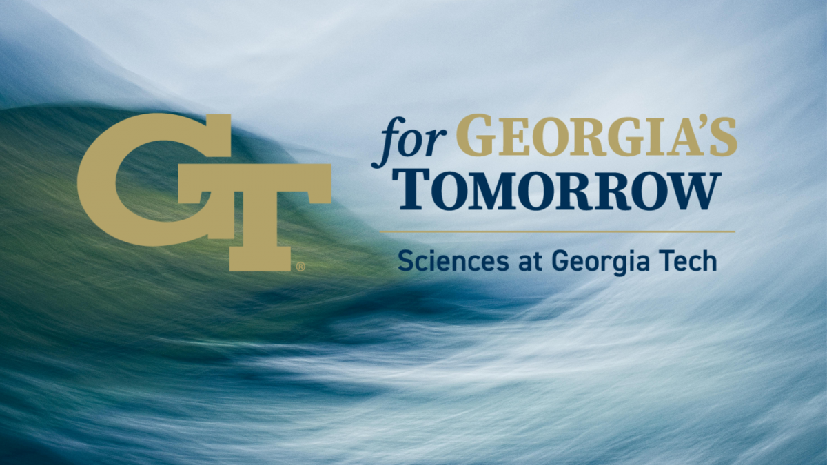 A banner reading "GT For Georgia's Tomorrow" on a stylized background of ocean and green hills.