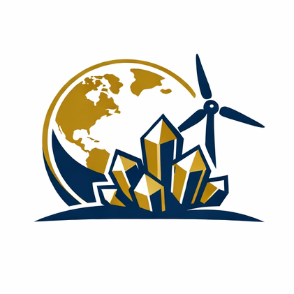 Crystalline mineral forms in front of a globe with a wind turbine, symbolizing sustainable and innovative solutions for critical minerals.