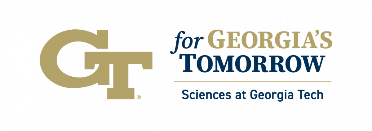 A logo reading "Georgia Tech for Georgia's Tomorrow" in gold and blue font, underscored by the phrase "Sciences at Georgia Tech"