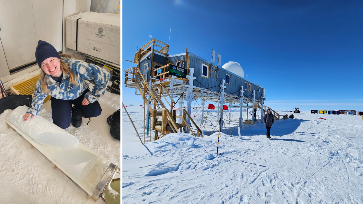 Moore, pictured on her birthday, holding the final ice core, and (right), Moore standing in front of the Greenland research station.