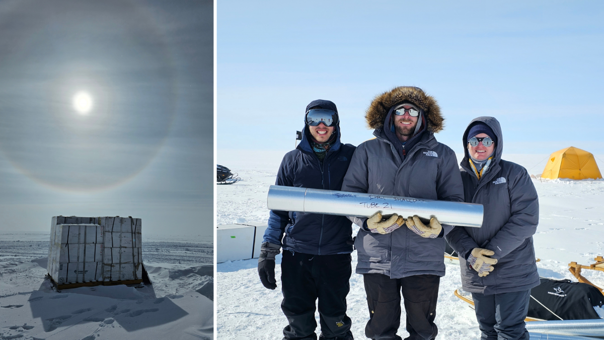 A large box of ice cores, and the team posing with a collected ice core (right)