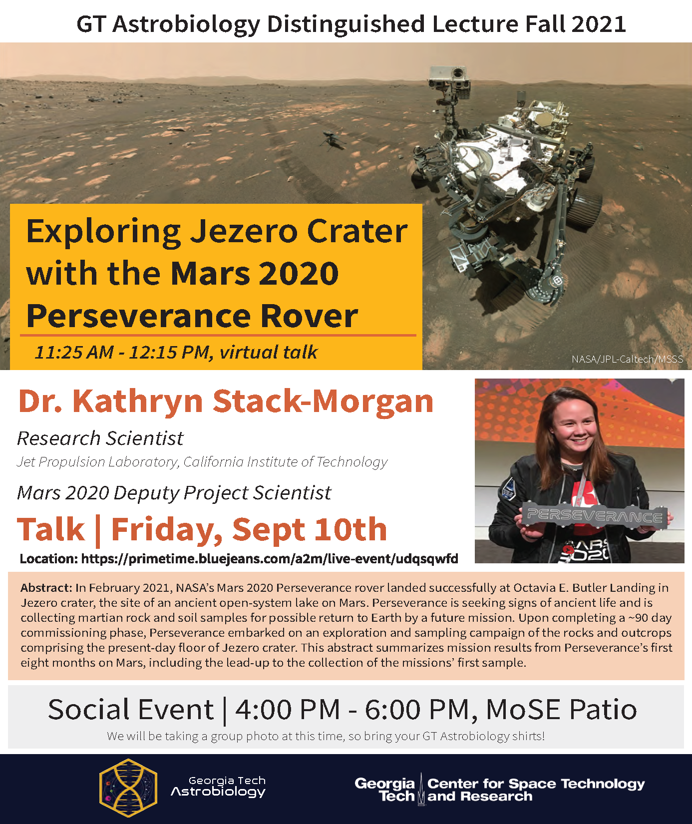 Fall 2021 GT Astrobiology Distinguished Lecture and Social Event flyer 