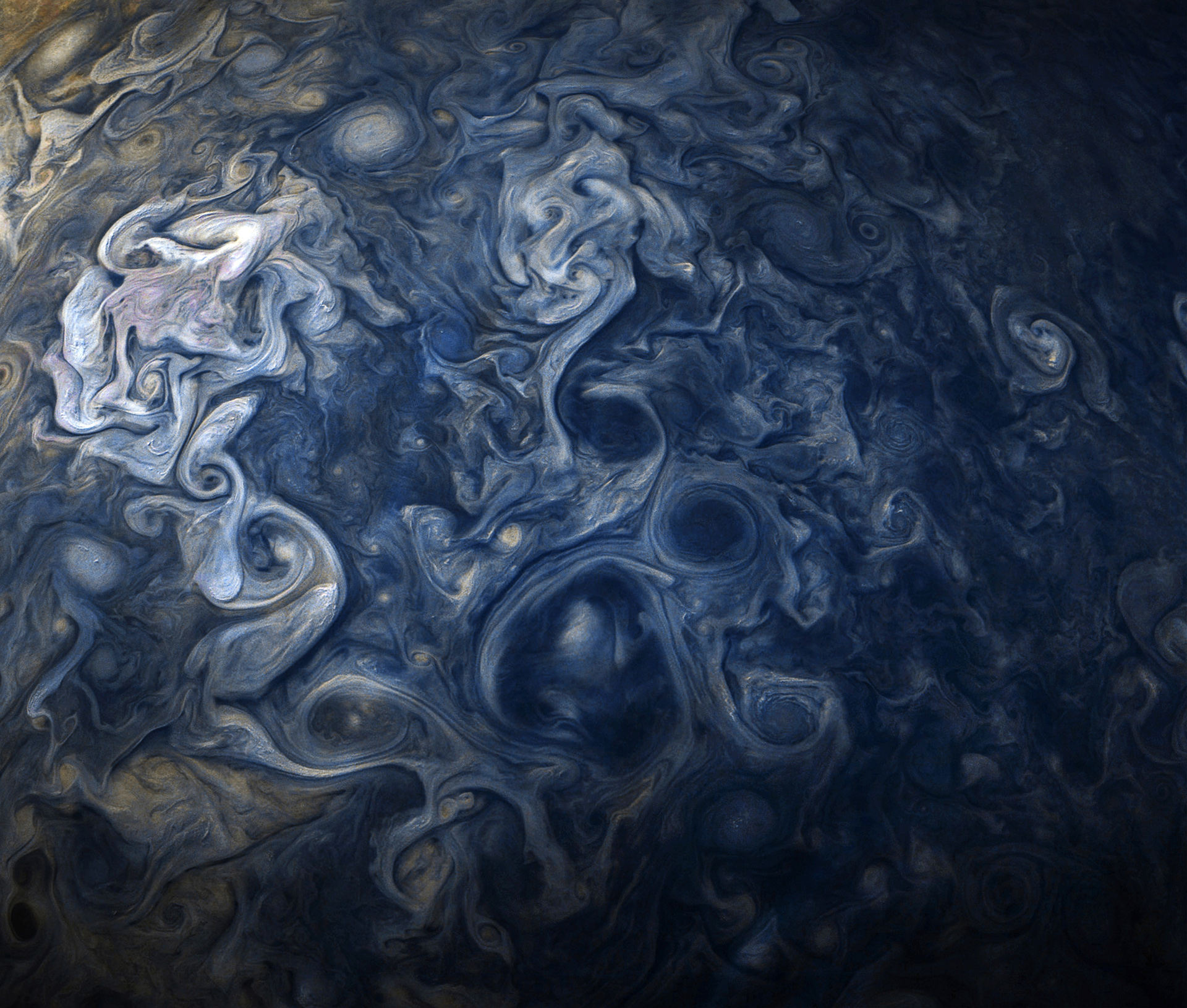 Circular currents, or vortices, in Jupiter's atmosphere taken by the Juno spacecraft. (Photo NASA)