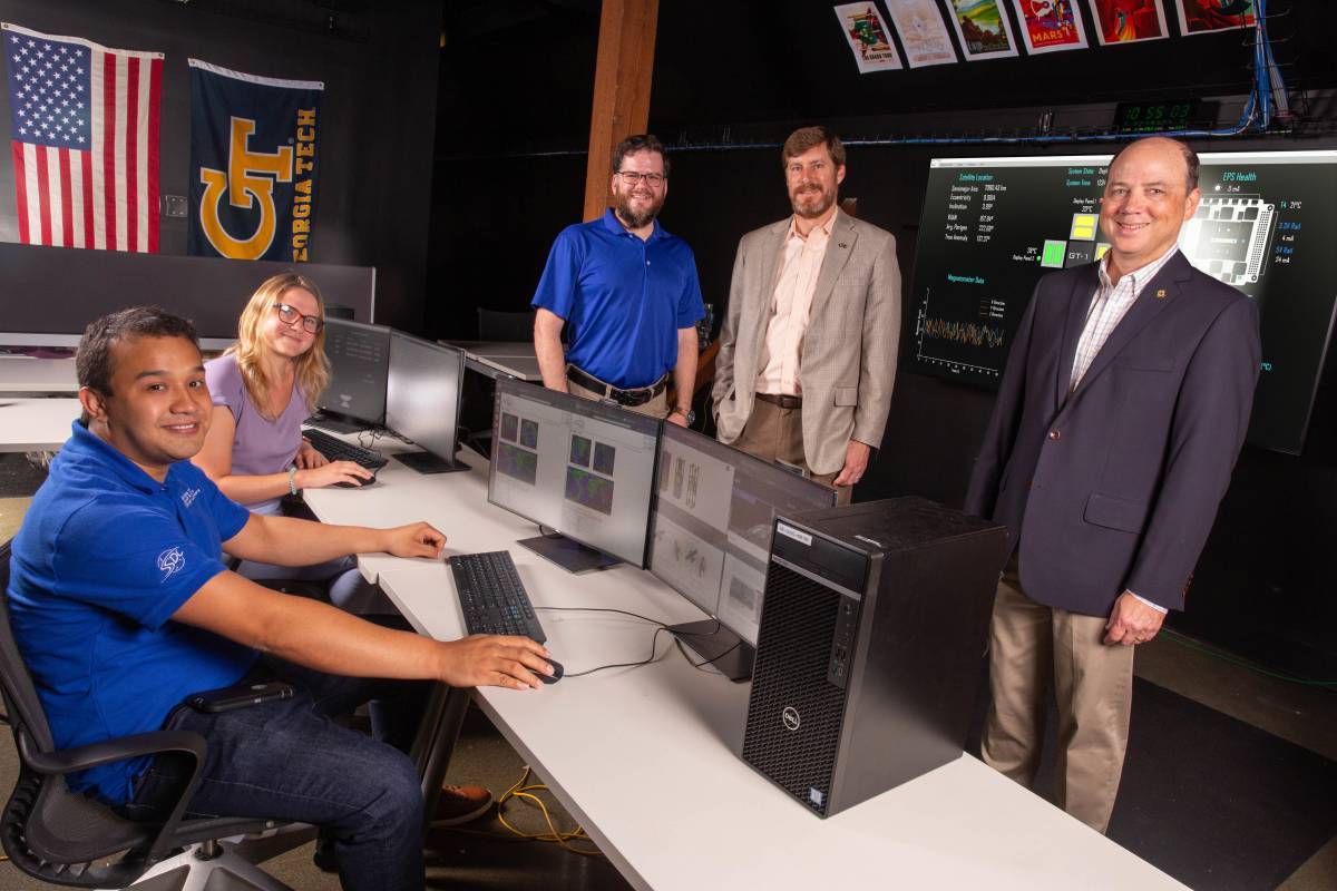 Mission Control for Lunar Flashlight operations at Georgia Tech. From left to right: Ulises Núñez, Kathleen Hartwell, Sterling Peet, Jud Ready, and Glenn Lightsey (Credit: Candler Hobbs)