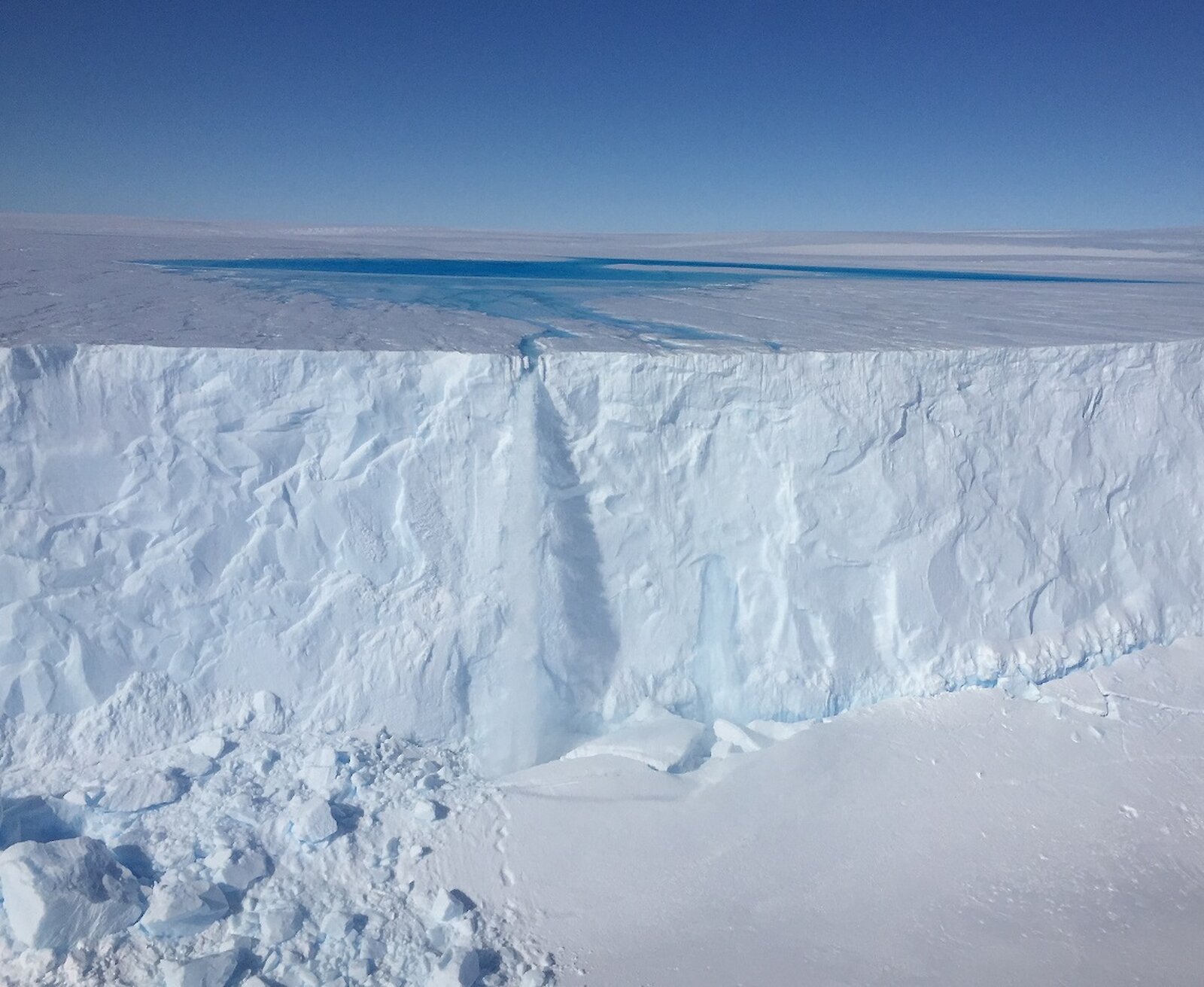 Meltwater lake on the Sørsdal Glacier. (Photo: Dave Lomas)