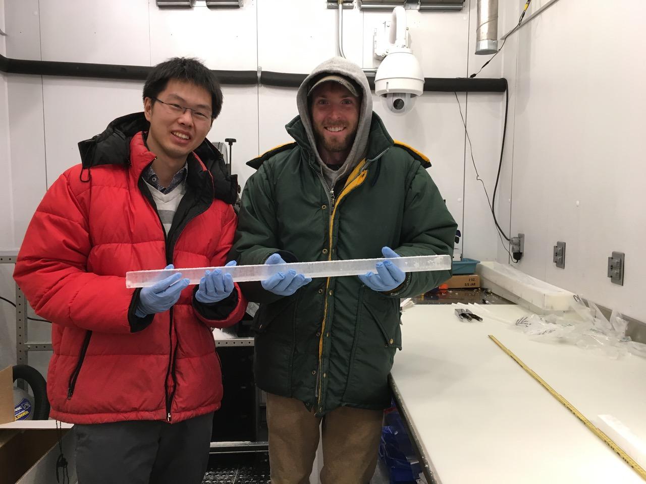 Pengfei Liu (left) and Nathan Chellman with an ice core sample (Photo Pengfei Liu)