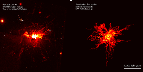 Comparison of the Hubble Space Telescope observation of the filaments in the Perseus cluster (left) with the Yu Qiu research team's thermal energy illustration of the simulated cluster (right). 