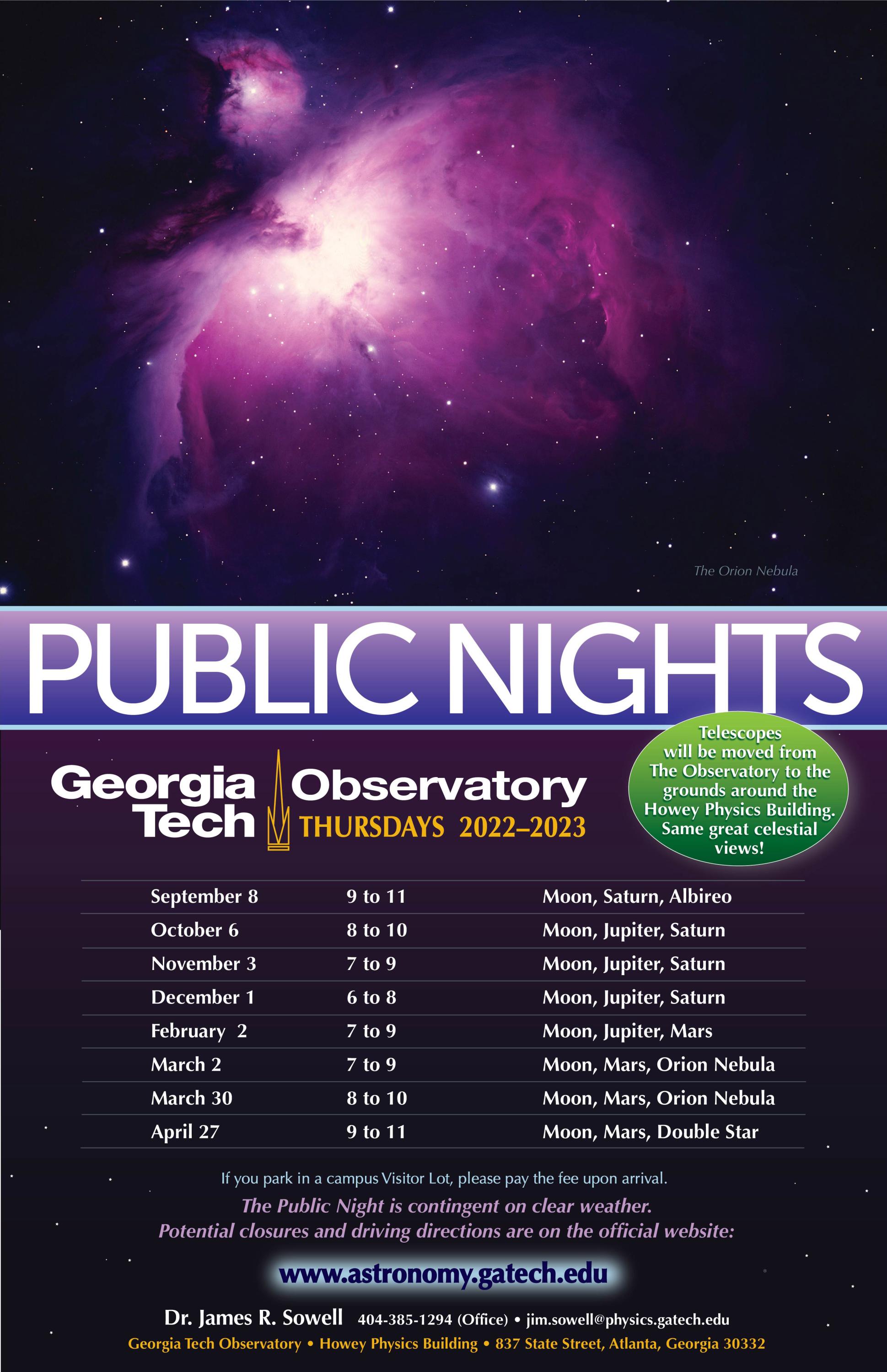 Public Nights at the Georgia Tech Observatory: Fall 2022 and Spring 2023