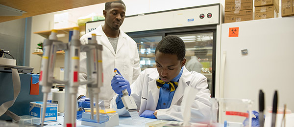 Anthony Awojoodu (left) and Amadou Bah conducting stem cell research in the Georgia Tech Petit Institute for Bioengineering & Bioscience (IBB).