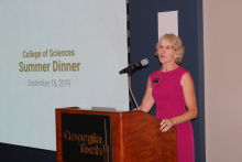 Dean Susan Lozier welcomed guests to the 2019 summer dinner. (Photo by Renay San Miguel) Dean Susan Lozier welcomed guests to the 2019 summer dinner. (Photo by Renay San Miguel)