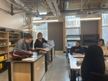 Drake Lee-Patterson (left) and Stephanie Bilodeau, co-instructors, review an assignment with students. (Photo: Grace Pietkiewicz) Drake Lee-Patterson (left) and Stephanie Bilodeau, co-instructors, review an assignment with students. (Photo: Grace Pietkiewicz)