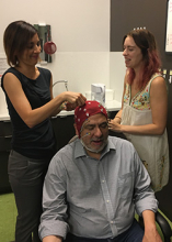 Audrey Duarte and Brittany Corbett adjust memory test sensors on ScienceMatters host Renay San Miguel Audrey Duarte and Brittany Corbett adjust memory test sensors on ScienceMatters host Renay San Miguel