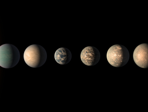 An artist’s depiction of Trappist exoplanets in comparison to Earth. The Trappist planets are those in their star’s habitable zone. (Photo: NASA)