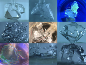 Clathrate crystals in various stages of growth, along with control treatments (top left, top middle samples).