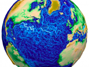 A graphic showing ocean circulation developed from MPAS (Model for Prediction Across Scales) components for oceans, sea ice, and land ice. (Graphic courtesy E3SM.org.) 