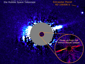 An image of the cometary dust and exoplanet surrounding the young star HD 106906, which Georgia Tech physicists will study. (Image UC Berkeley)