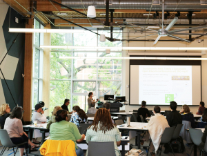 Georgia Tech researchers give presentations on their Undergraduate Sustainability Education Innovation Grants during a recent "Jamboree" in the Kendeda Building. (Photo Jess Hunt-Ralston)