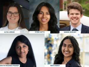 A composite photo of recipients Alysa Jordan, Syona Gupta, Samuel Woolsey, Swathi Mugundu Pradeep, and Nidhi Shenoy.