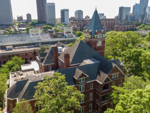 An aerial photo of Tech Tower and campus.