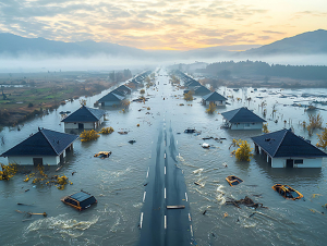 Post-hurricane flooding inundates residential areas and transportation infrastructure, with low-lying terrain overwhelmed by storm surge and excessive rainfall.