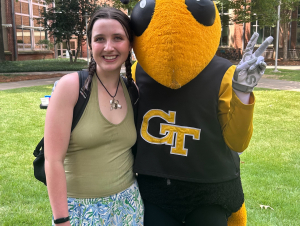 Angela Juric with Georgia Tech mascot Buzz