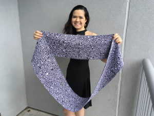 Elisabetta Matsumoto with a scarf that represents cellular automata, a mathematical construct depicting a system's evolution over time. (Photo Elisabetta Matsumoto)