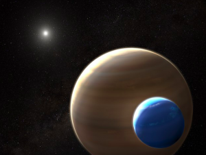 An artist's rendition of Kepler 1625b-i and its exomoon candidate in the foreground (Image Wikimedia Commons)
