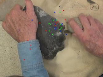 An example of gaze tracking. Subjects are watching stone toolmaking; the red, blue, green dots are where visual focus is during this segment of action. (Photo Lewis Wheaton)