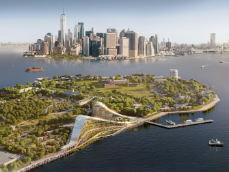 A project rendering for the New York Climate Exchange (The Exchange) on Governors Island in New York City. The center is slated to open in 2028.