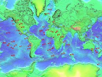 Mantle plumes, shown in red, have been identified around the world. (Ingo Wölbern, via Wikimedia Commons)