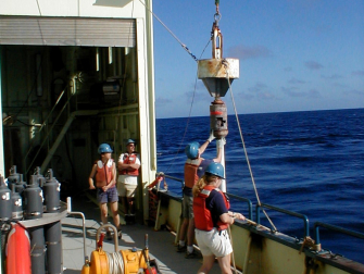 Taking a sediment core from the Florida Straits.